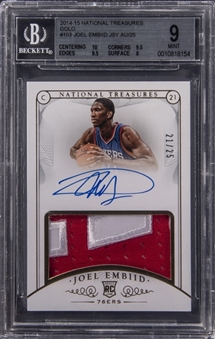 2014-15 Panini National Treasures Gold Rookie Patch Autographs #103 Joel Embiid Signed Patch Rookie Card (#21/25) - BGS MINT 9/BGS 10 - Embiids Jersey Number!